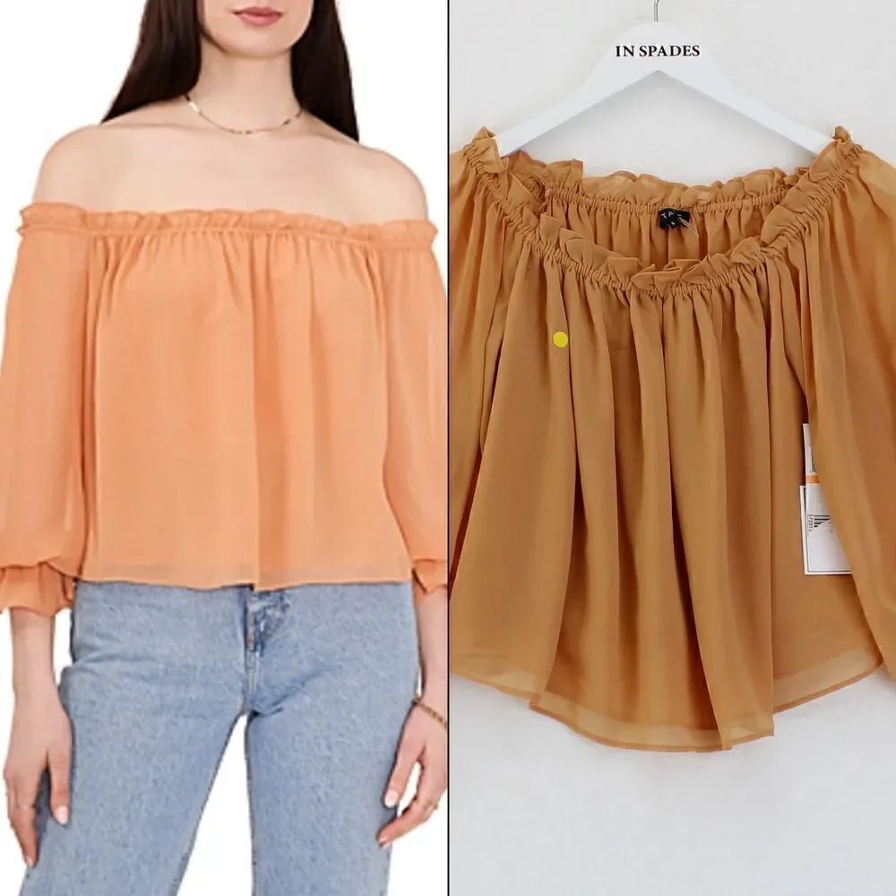 1.STATE Off the Shoulder Chiffon Top in Toasted Nut
